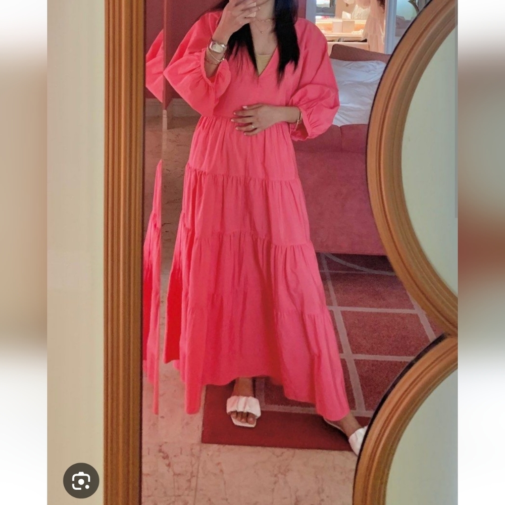 ZARA * Tiered Poplin Pink Dress Voluminous Flowy Maxi - Picture 4 of 13